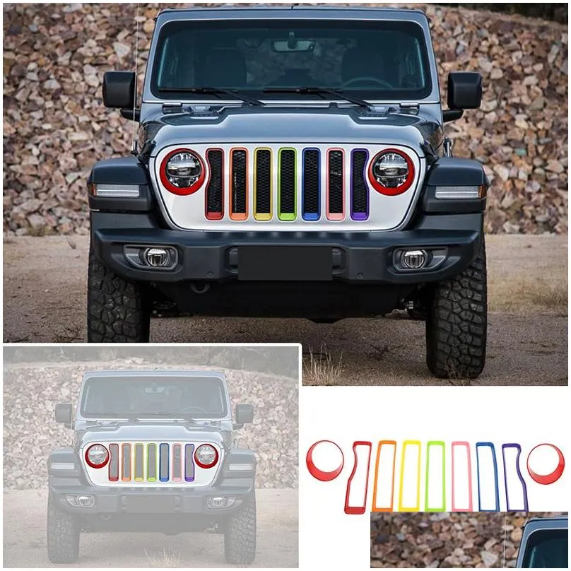 car headlight cover trim and front mesh grille ring decoration for jeep wrangler jl 2018 car accessories9660993