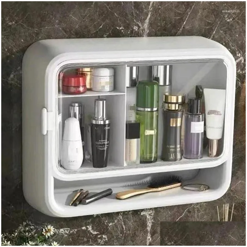 storage boxes household wall-mounted cosmetics box punch free dust-proof rack with lid large capacity shelf