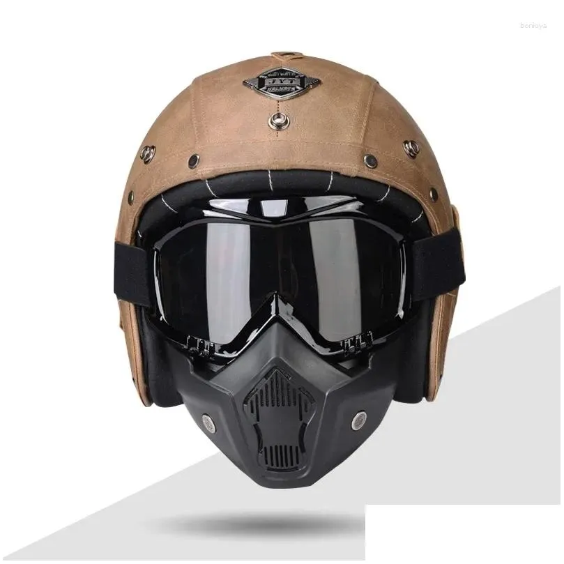 Motorcycle Helmets Pu Leather Open Face For Dot Appd Women And Men Cruise Scooter Helmet With Goggle Mask S M L Xl Xxl Drop Delivery Dhehl