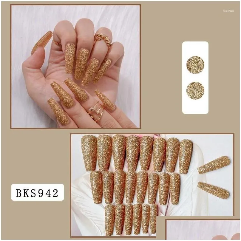 false nails glitter gold powder press on extra long coffin ballerina shape fake full cover shiny ballet artificial acrylic