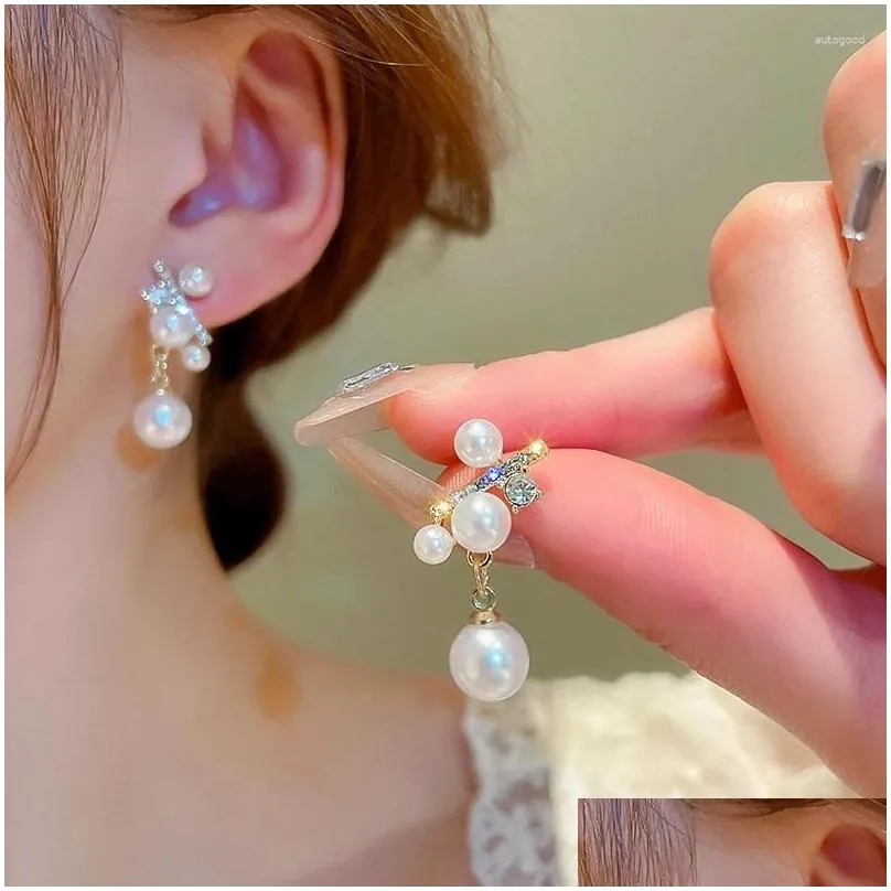 dangle earrings french sweet zircon pearl pendant stud for women 2024 unique design temperament ladies wedding party jewelry gift