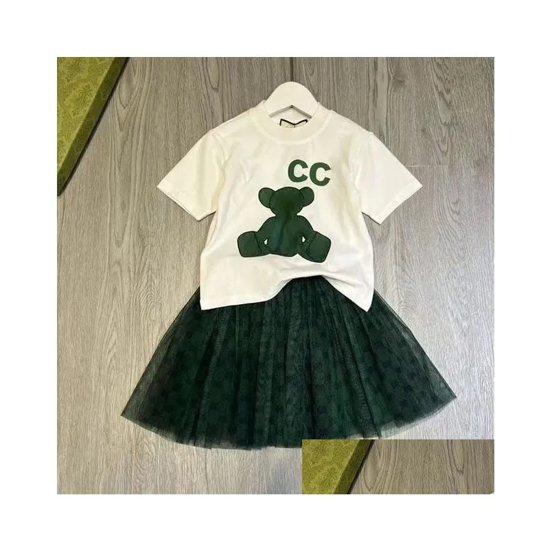 luxury designer kids t-shirt veil skirt fashion cute baby clothes children short sleeve sets clothing suits summer girls cotton dress 8