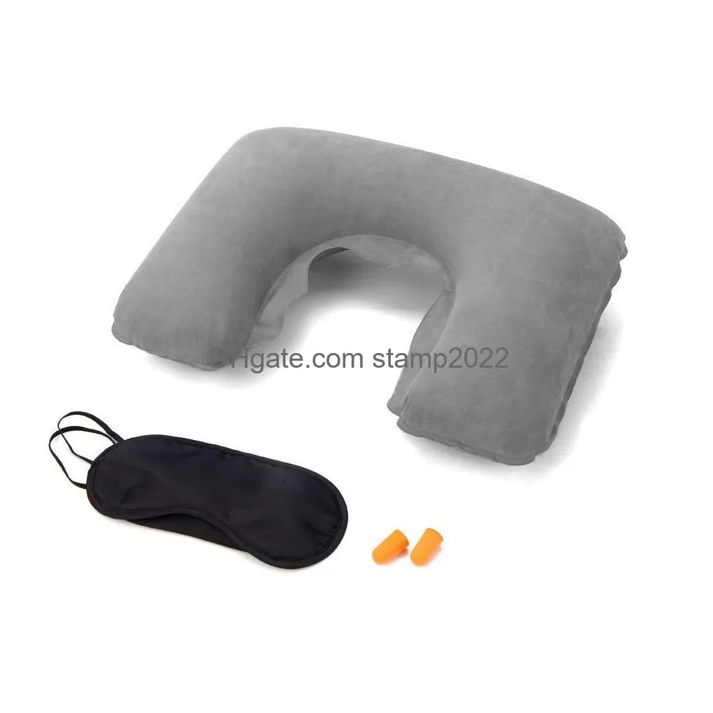 party favor 3 in 1 travel set inflatable u-shaped neck pillow air cushion sleeping eye mask eyeshade earplugs portable travel set