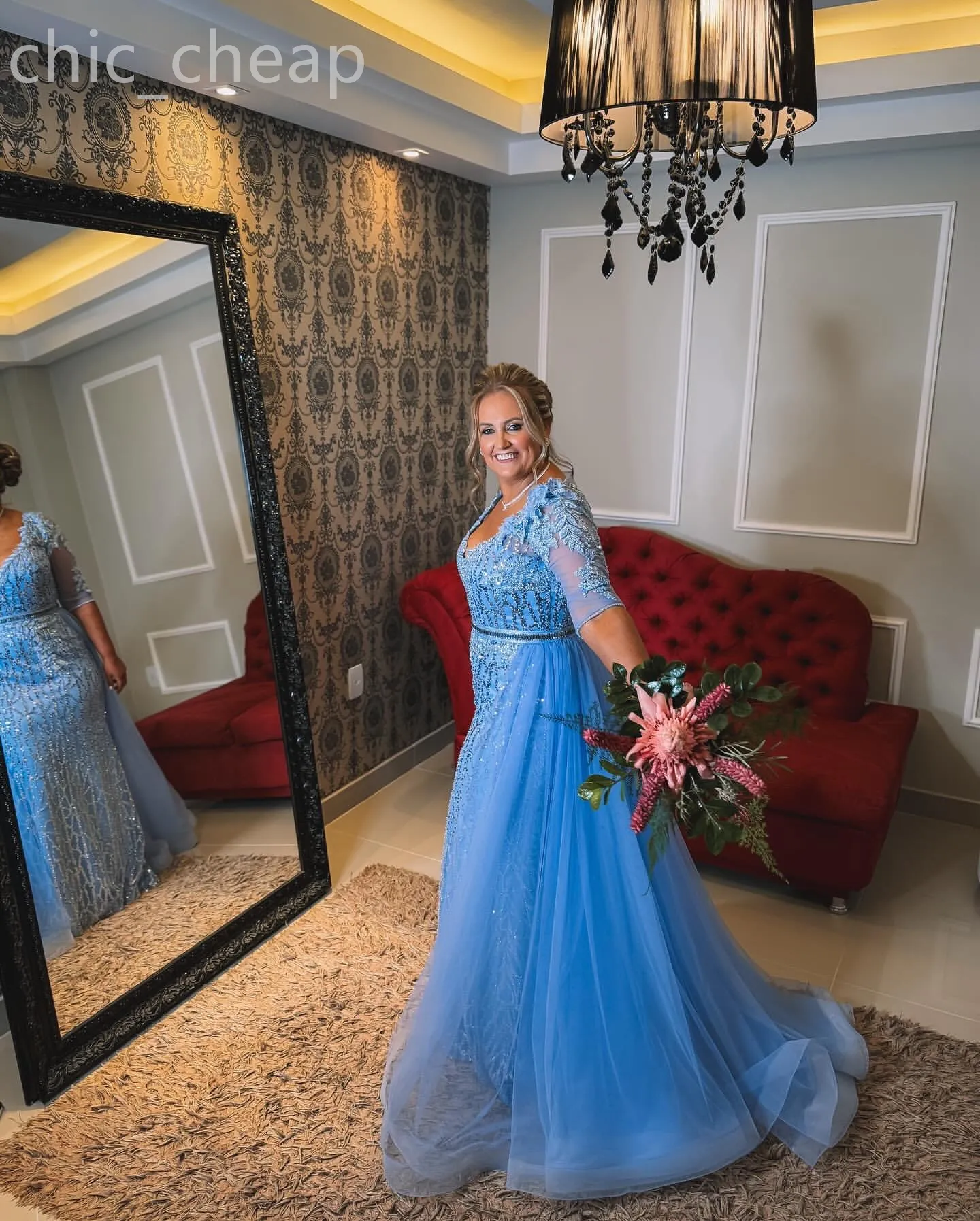 2024 Aso Ebi Arabic Sky Blue Mermaid Mother Of The Bride Dresses Lace Beaded Evening Prom Formal Party Birthday Celebrity Mother Of Groom Gowns Dress ZJ056