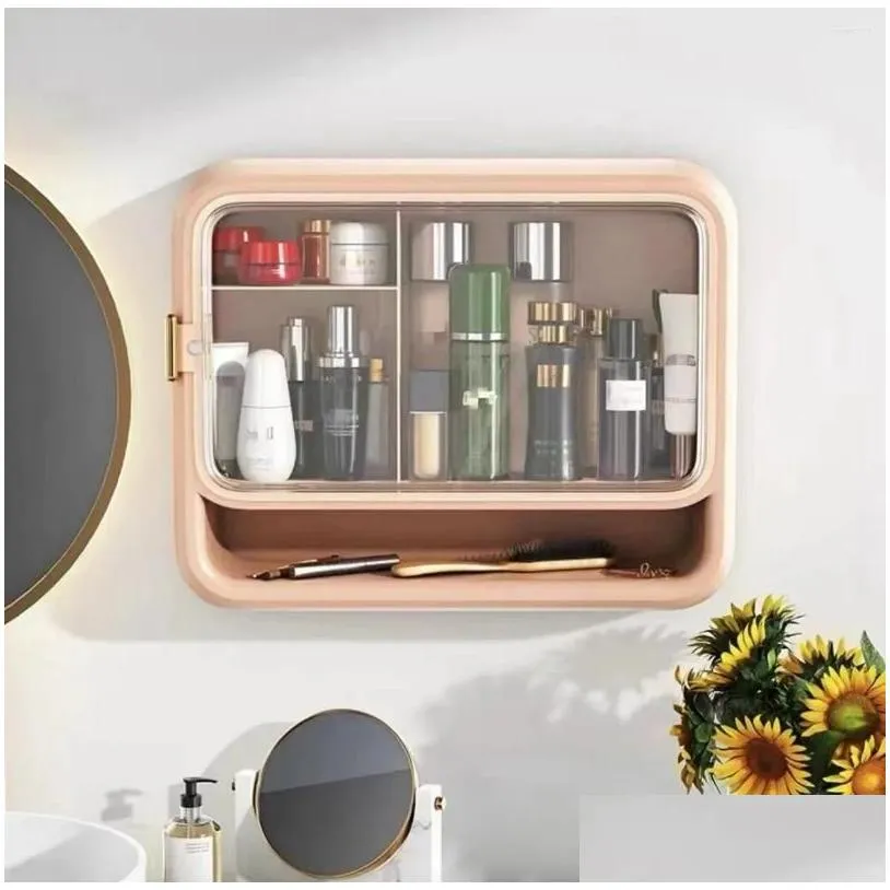 storage boxes household wall-mounted cosmetics box punch free dust-proof rack with lid large capacity shelf