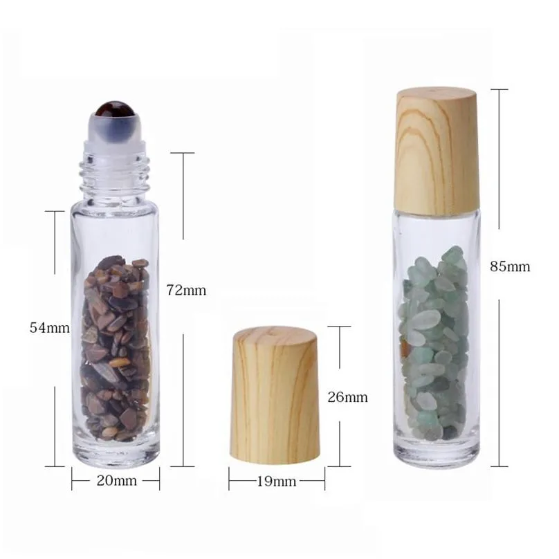 wholesale 10ml clear glass roll on perfume bottles with crushed natural crystal quartz stone crystals roller ball wood grain cap