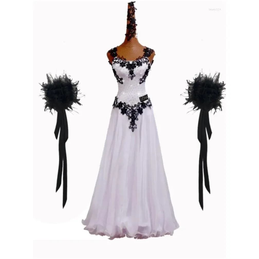 stage wear modern waltz performance costume competition white off shoulder long black embroidered dance skirt