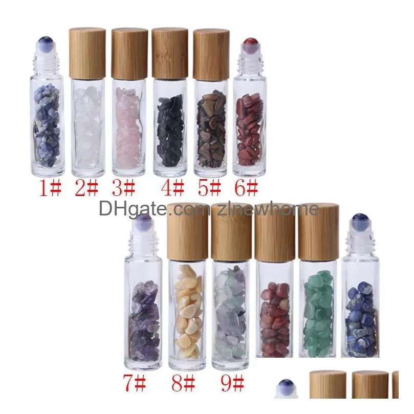 wholesale 10ml essential oil diffuser clear glass roll on perfume bottles with crushed natural crystals quartz stone crystal roller ball