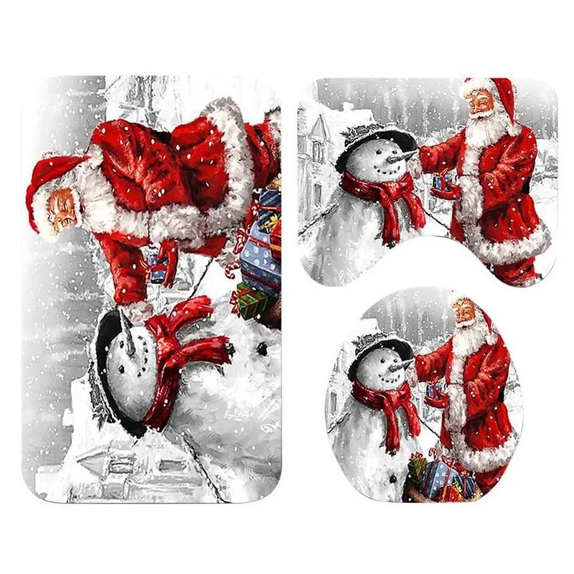 Shower Curtains Santa Christmas Print Toilet Bathroom Mat And Curtain Four-Piece Set Kitchen Rugs Mats Floor Carpet Doormats30 Drop D Dhn2T