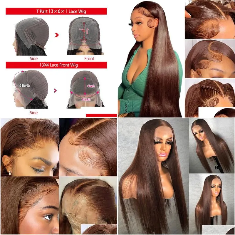 Synthetic Wigs 13X4 13X6X1 Hd Glueless Straight Lace Front Wigs Human Hair Transparent Frontal Wig Preplucked Brown Colored Drop Deli Dhkci