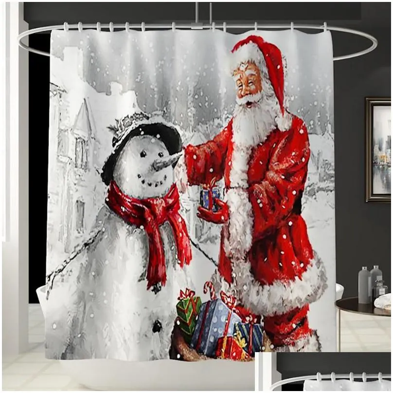 Shower Curtains Santa Christmas Print Toilet Bathroom Mat And Curtain Four-Piece Set Kitchen Rugs Mats Floor Carpet Doormats30 Drop D Dhn2T