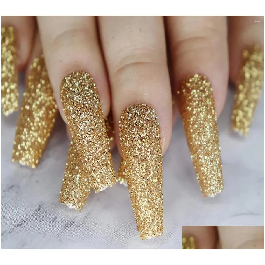 false nails glitter gold powder press on extra long coffin ballerina shape fake full cover shiny ballet artificial acrylic