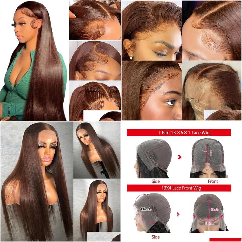 Synthetic Wigs 13X4 13X6X1 Hd Glueless Straight Lace Front Wigs Human Hair Transparent Frontal Wig Preplucked Brown Colored Drop Deli Dhkci