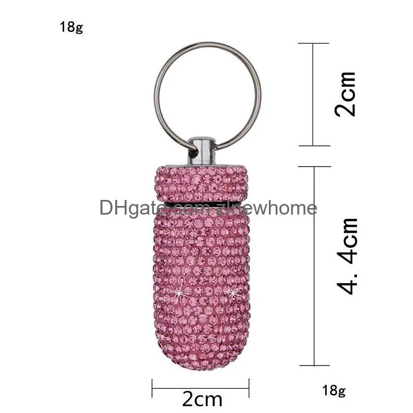 diamond small medicine bottle keychains portable waterproof aluminum alloy medicine tank storage box 12 colors