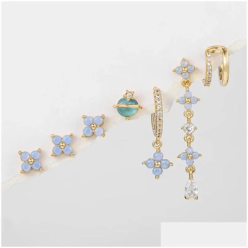 stud earrings 7 pcs blue crystal flower set for women luxury cartilage piercing jewlery sets gift 2024