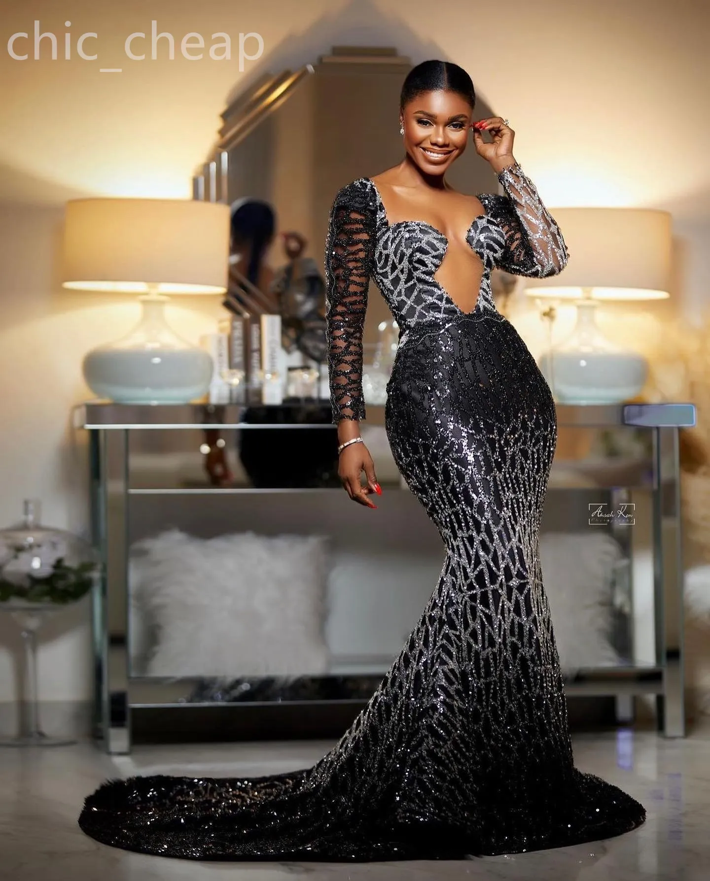 2024 Aso Ebi Black Mermaid Prom Dress Sheer Neck Sequined Lace Evening Formal Party Second Reception Birthday Engagement Gowns Dresses Robe De Soiree ZJ21