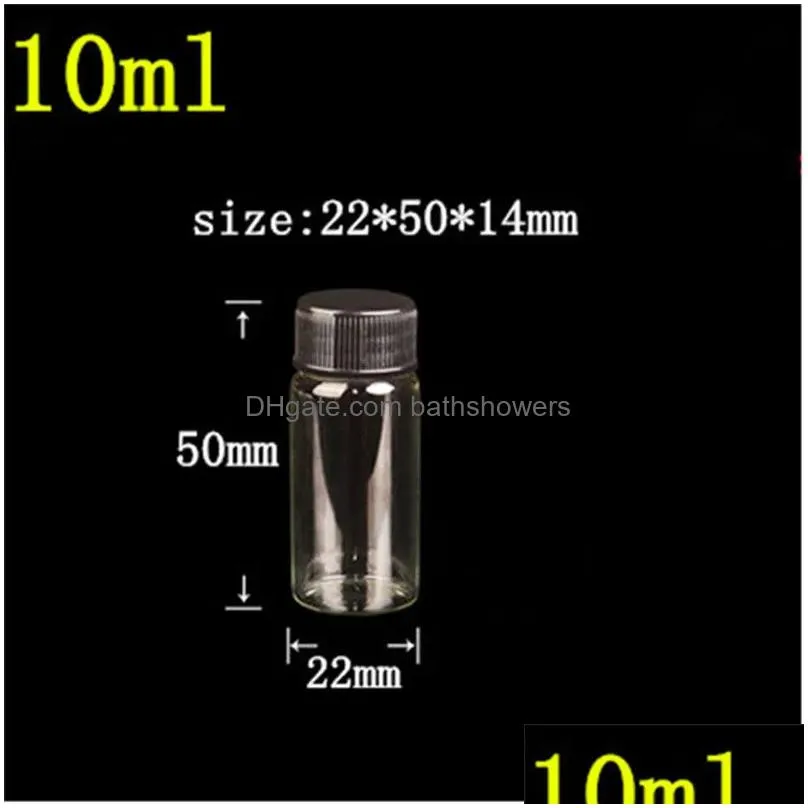 wholesale diameter 22mm clear glass jars black plastic cap 5ml 6ml 7ml 10ml 14ml vitreous crafts  oil bottle perfume vials