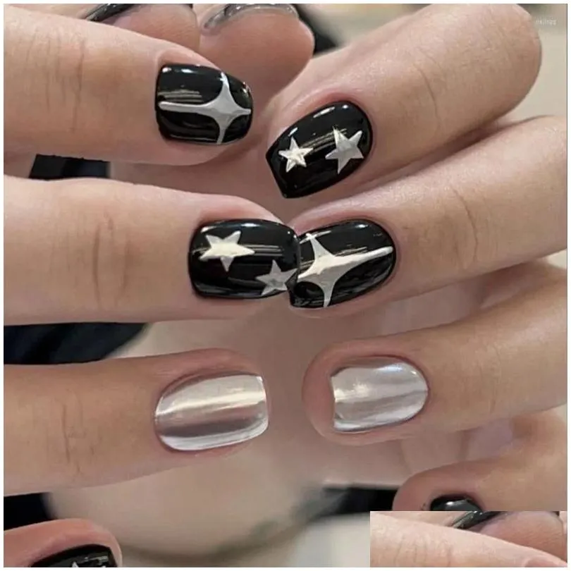 false nails 24pcs black short round y2k silver star design french fake full cover detachable nail tips press on