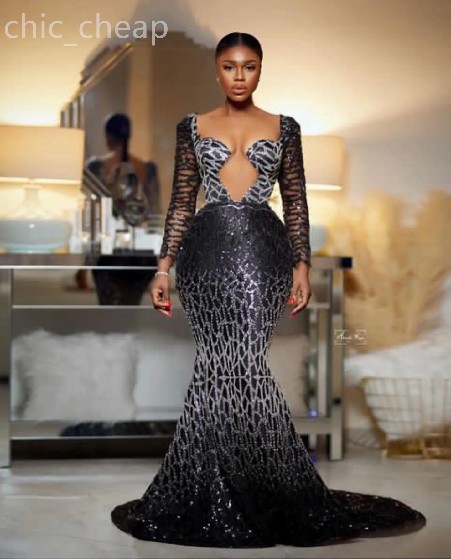 2024 Aso Ebi Black Mermaid Prom Dress Sheer Neck Sequined Lace Evening Formal Party Second Reception Birthday Engagement Gowns Dresses Robe De Soiree ZJ21