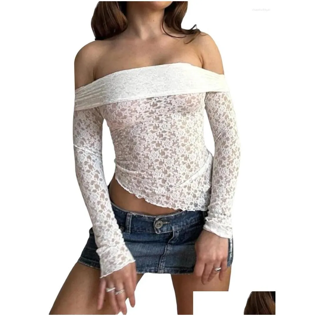 women`s t shirts sheer mesh see through t-shirt round neck slim fit blouse women s elegant floral lace long sleeve top shirt y2k