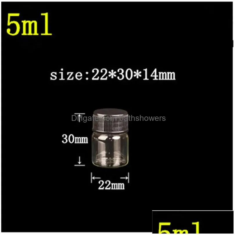 wholesale diameter 22mm clear glass jars black plastic cap 5ml 6ml 7ml 10ml 14ml vitreous crafts  oil bottle perfume vials