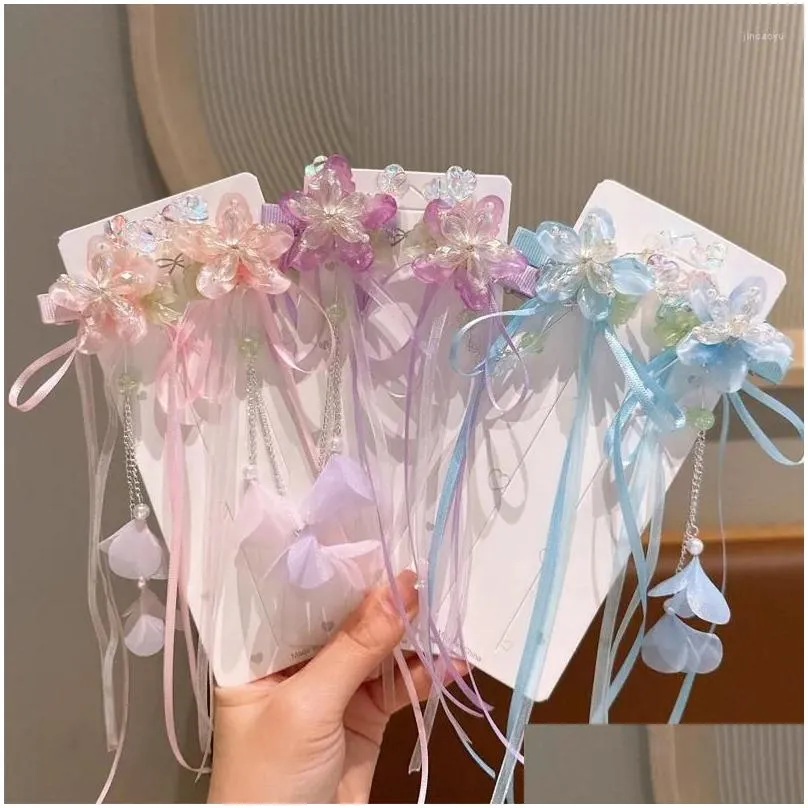 hair accessories vintage chinese organza ribbon bow tassel hairpins hairgrips butterfly flower clips for girls han fu pins