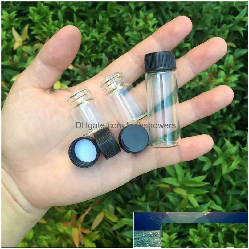 wholesale diameter 22mm clear glass jars black plastic cap 5ml 6ml 7ml 10ml 14ml vitreous crafts  oil bottle perfume vials