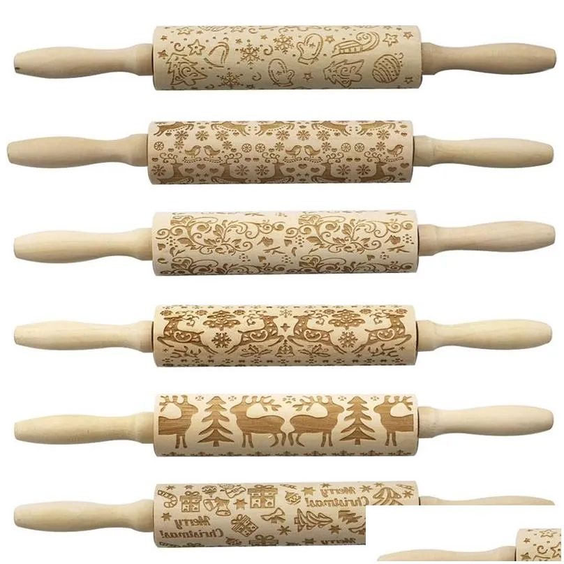 Christmas Decorations Wooden Rolling Pin Cartoon Pattern Christmas Decoration Baking Biscuit Embossed Drop Delivery Home Garden Festiv Dhlji