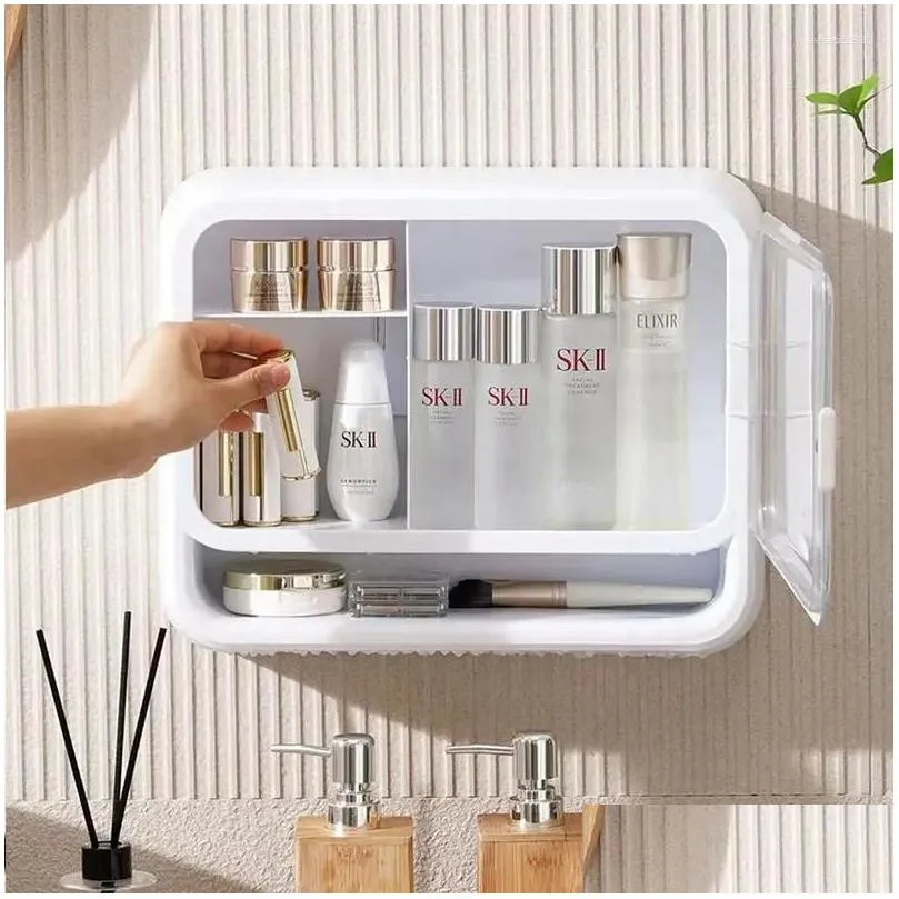 storage boxes household wall-mounted cosmetics box punch free dust-proof rack with lid large capacity shelf