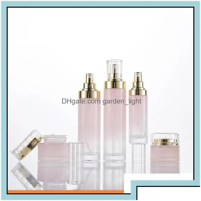 wholesale cream jar gradient pink glass cosmetic jars lotion pump bottles with gold lids 30g 50g 40ml 100ml 120ml drop delivery office school