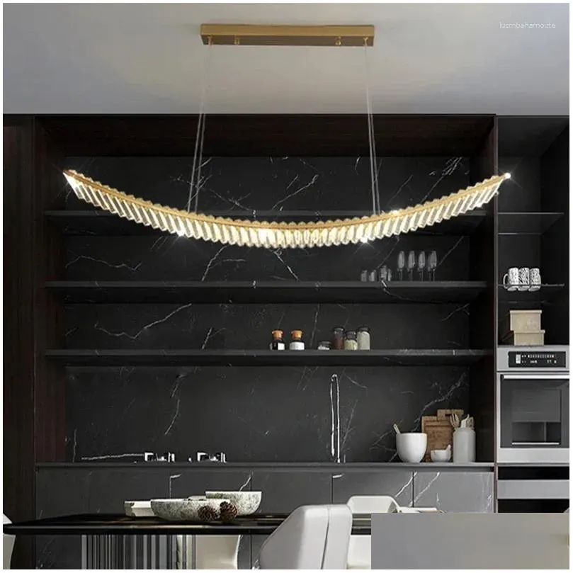 chandeliers long arc for dining room golden luxury crystal modern hanging lamp home decor lighting fixture led lustres