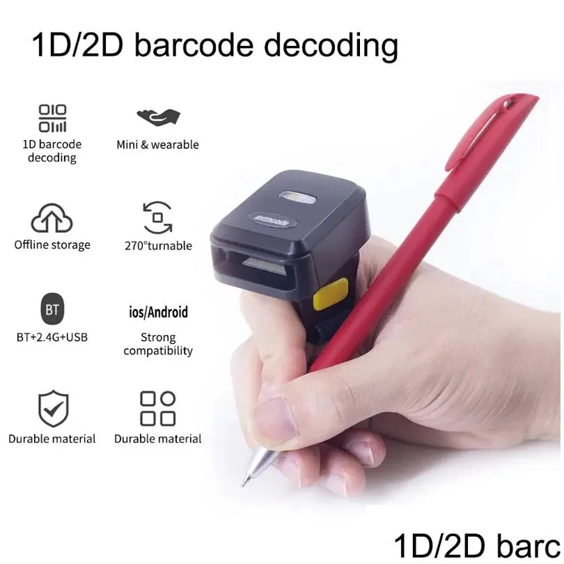 portable 1d/2d barcode scanner finger handheld wearable ring bar code reader bt wireless wired connection with offline storage