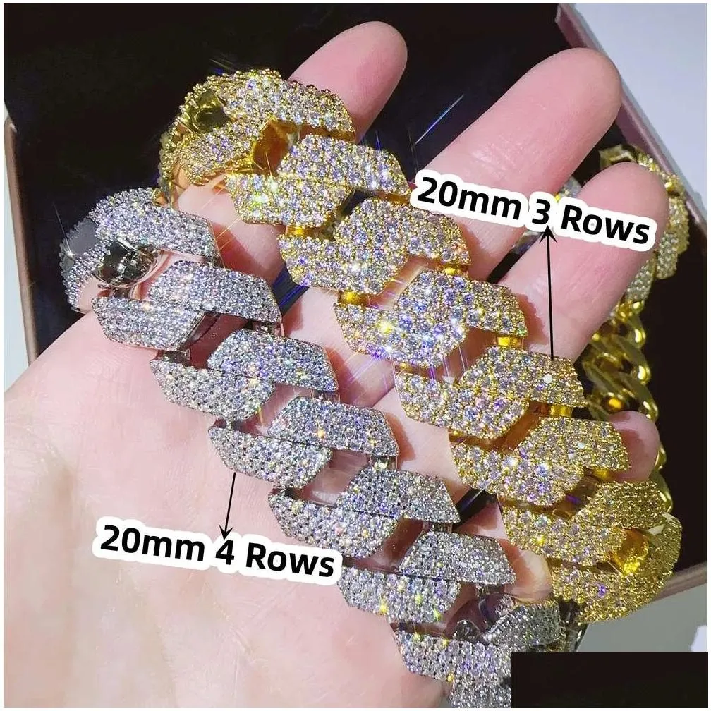 hip hop jewelry 20mm 16k gold plated iced out brass 3 4 rows aaaaa+ cz prong cuban link chain for men