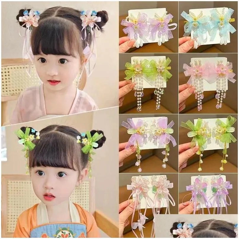 hair accessories vintage chinese organza ribbon bow tassel hairpins hairgrips butterfly flower clips for girls han fu pins