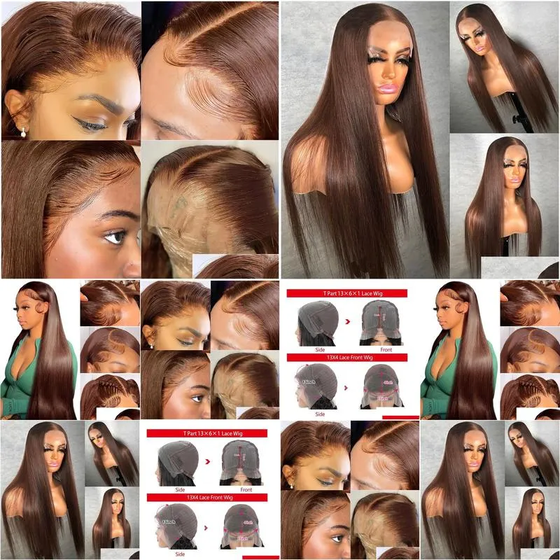 Synthetic Wigs 13X4 13X6X1 Hd Glueless Straight Lace Front Wigs Human Hair Transparent Frontal Wig Preplucked Brown Colored Drop Deli Dhkci