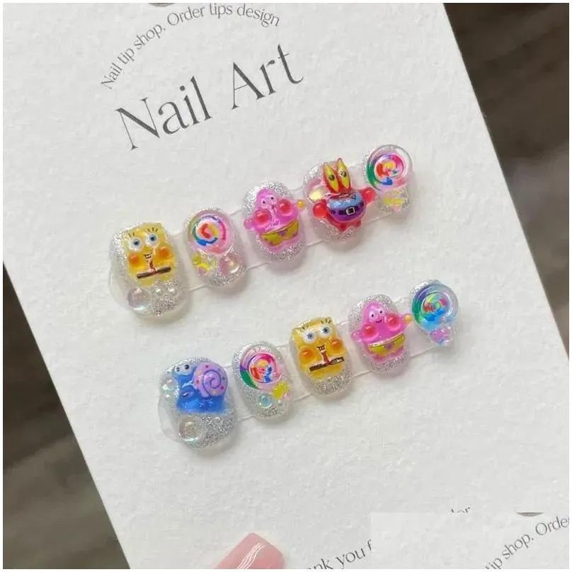 false nails handmade cute press on short korean kawaii anime reusable adhesive with design artifical nail tips art