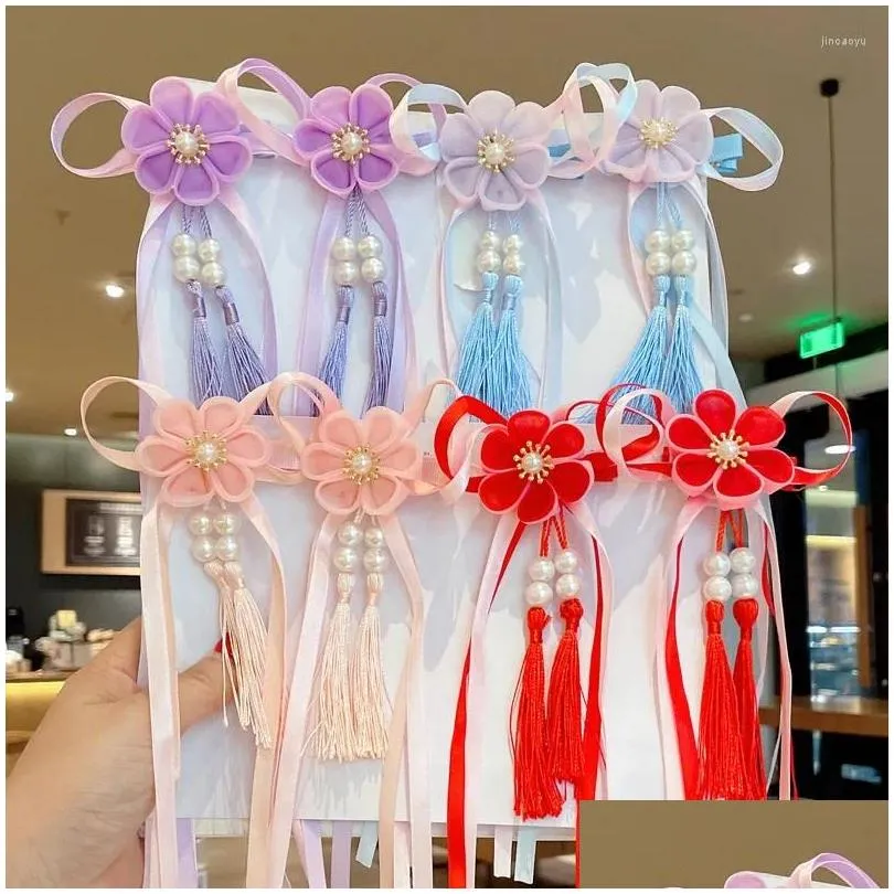 hair accessories vintage chinese organza ribbon bow tassel hairpins hairgrips butterfly flower clips for girls han fu pins