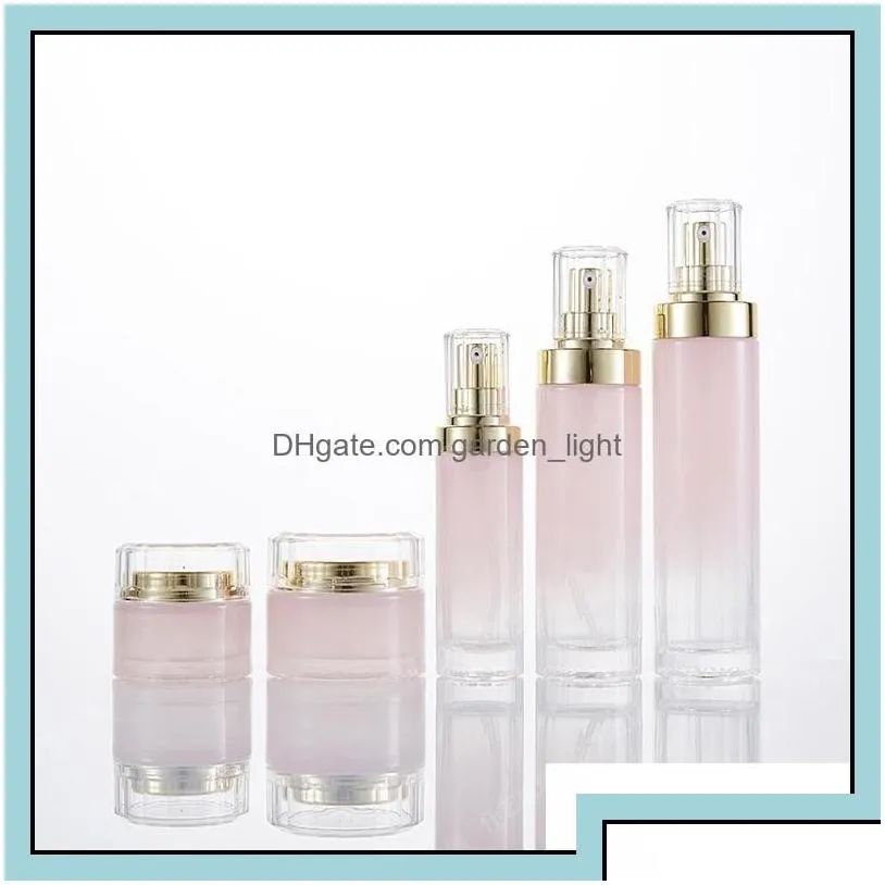 wholesale cream jar gradient pink glass cosmetic jars lotion pump bottles with gold lids 30g 50g 40ml 100ml 120ml drop delivery office school