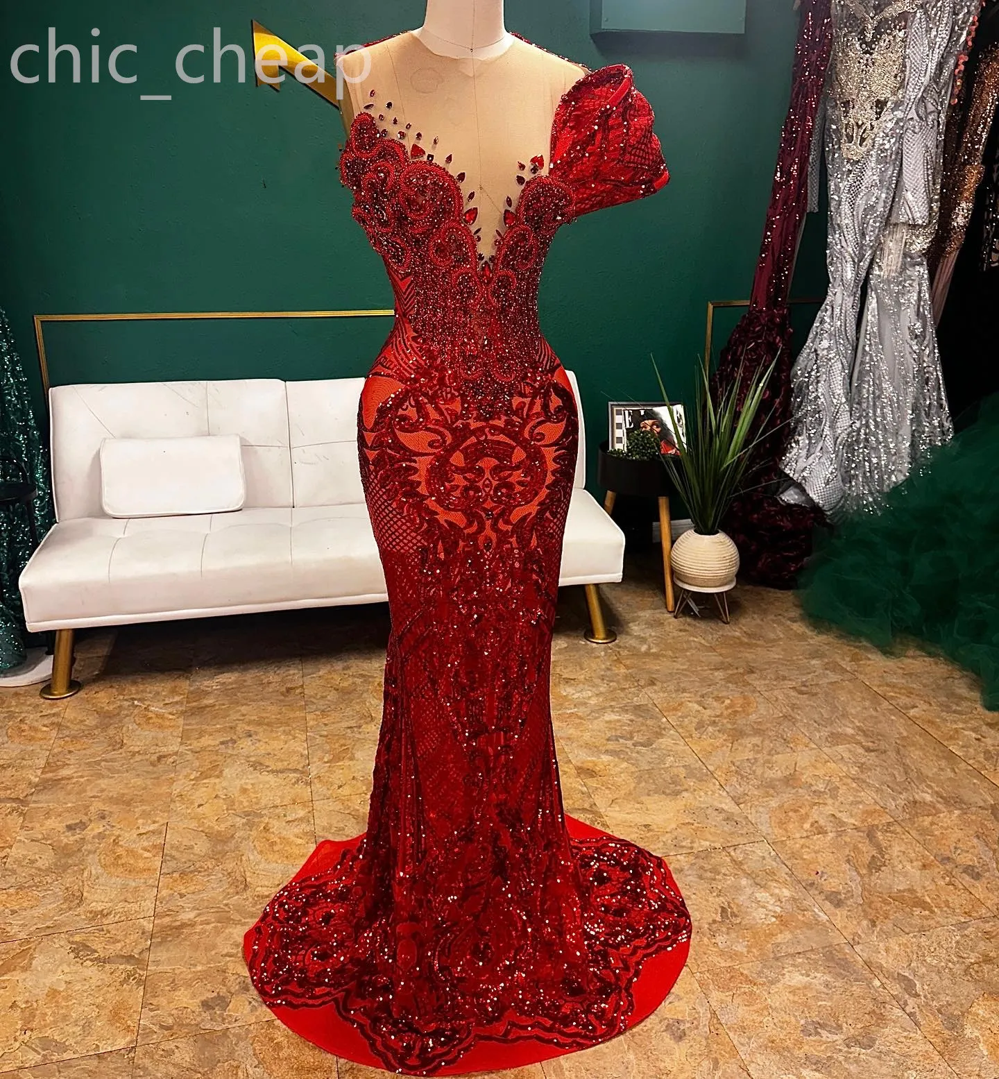 2024 Aso Ebi Red Mermaid Prom Dress Beaded Crystals See Through Evening Formal Party Second Reception Birthday Engagement Gowns Dresses Robe De Soiree ZJ27