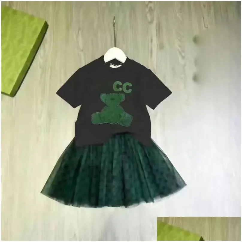 luxury designer kids t-shirt veil skirt fashion cute baby clothes children short sleeve sets clothing suits summer girls cotton dress 8