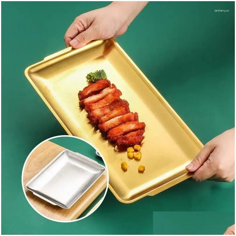 flatware sets korean style 304 stainless steel square barbecue plate golden rectangular tray western snack flat craft ornaments