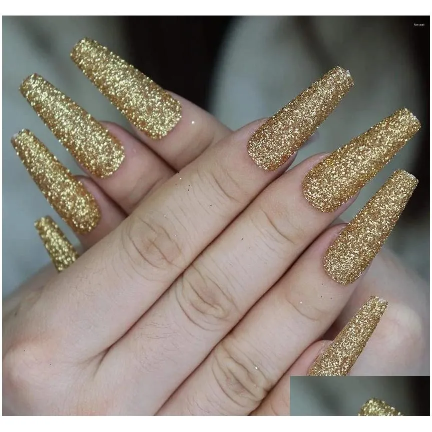 false nails glitter gold powder press on extra long coffin ballerina shape fake full cover shiny ballet artificial acrylic