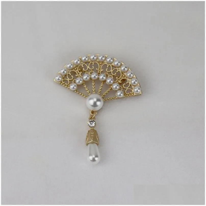 brooch corsage men women safety pin retro chinese fan fringed pearl brooch pin unisex diamond fashion accessories