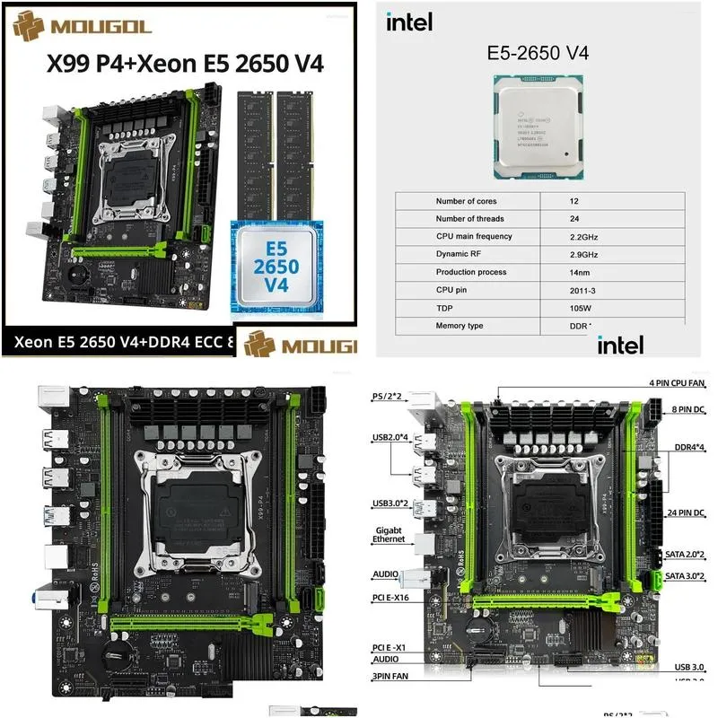 Motherboards Mougol X99 P4 Motherboard Set With Intel Xeon E5 2650 V4 Cpu Dual-Channel Ddr4 8Gx2 2666Mhz Ecc Ram For Gaming Computer Dhnhr