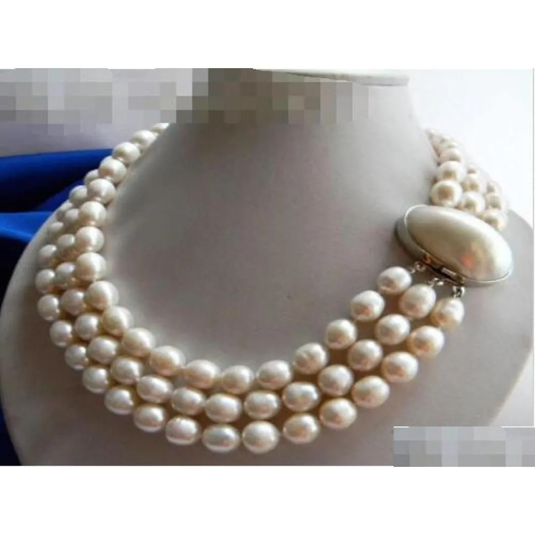 3strands 11mm white rice freshwater pearl necklace012348058543
