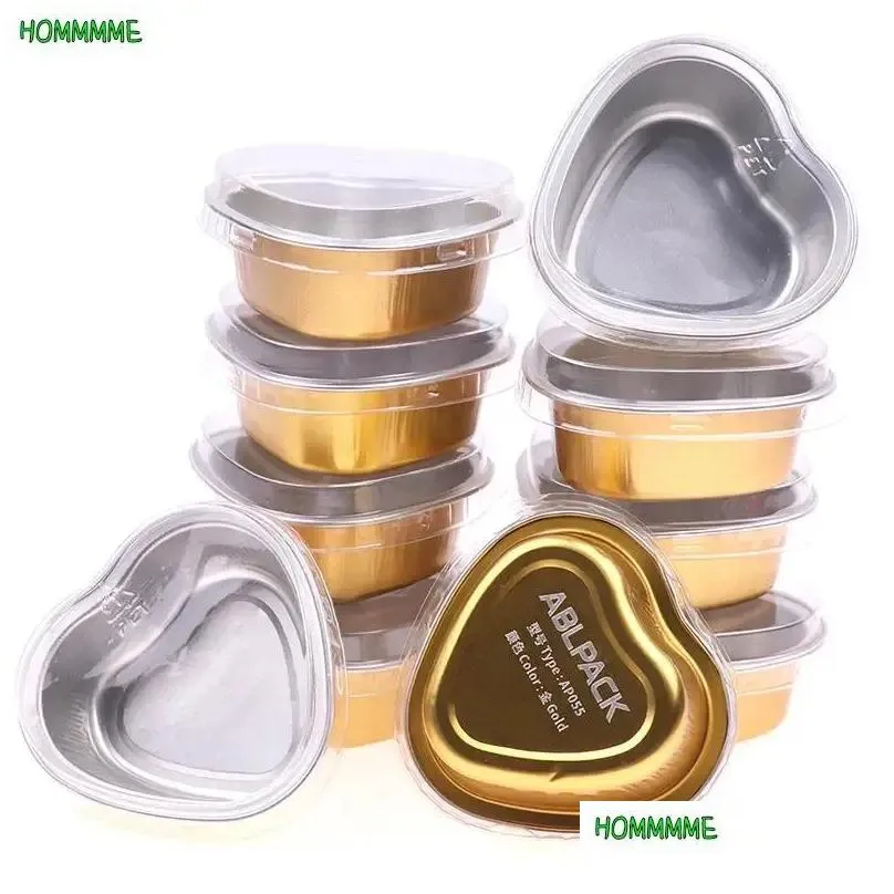 baking moulds 10pcs 55ml heart shaped aluminum foil cake pan with lid pudding cupcake cup cheese tools mould kitchen accessories