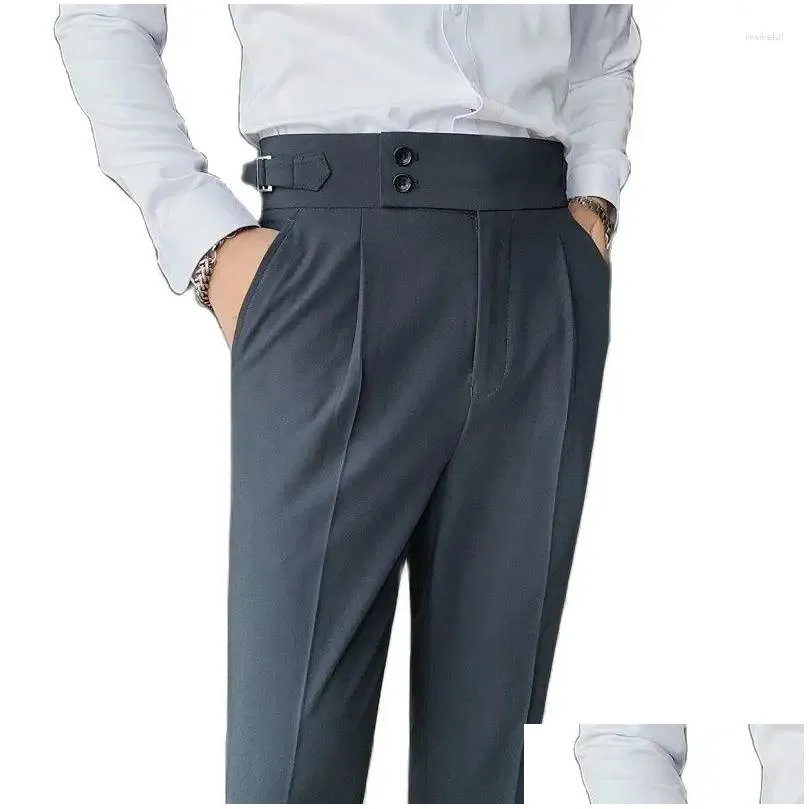 men`s suits cropped man suit pants high waist wedding groom party dress office formal mens pencil pant slim fit casual male trousers