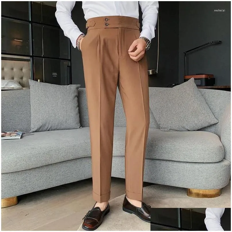 men`s suits cropped man suit pants high waist wedding groom party dress office formal mens pencil pant slim fit casual male trousers