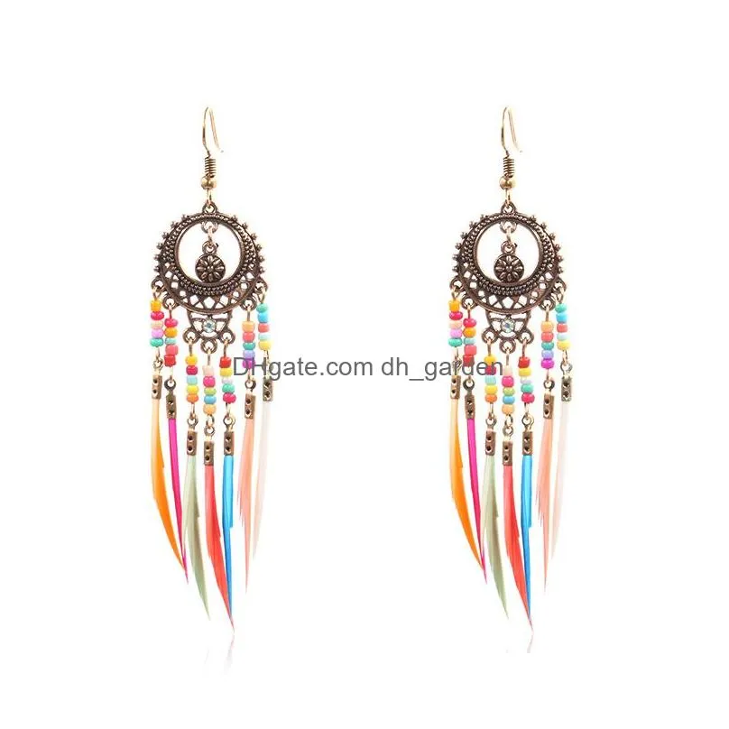 Dangle & Chandelier Golden Sier Vintage Ethnic Rainbow Colors Beads Feather Dangle Drop Earrings For Women Female Wedding T Dhgarden Dhljk