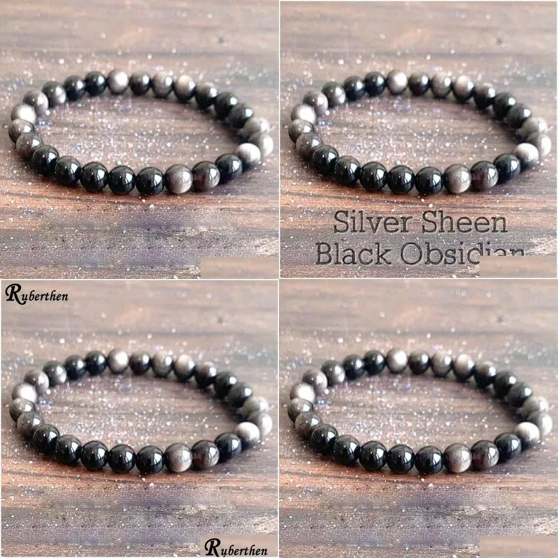 Beaded Mg1600 Strand 8 Mm Genuine Sier Sheen Black Obsidian Wrist Mala Bracelet High Quality Mens Negative Energy Protection Drop Del Dh3Tl